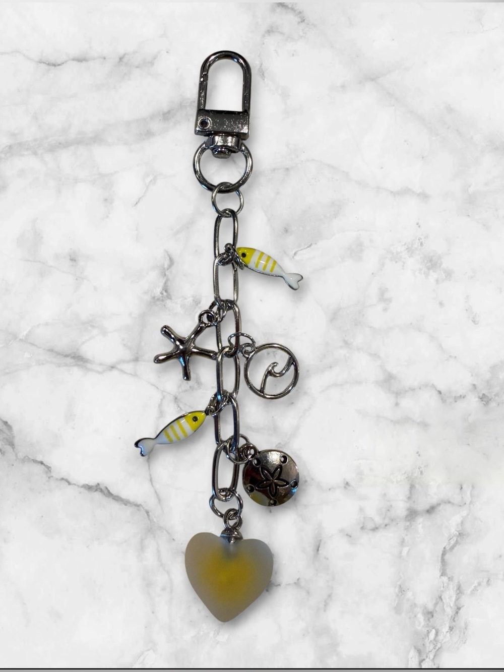 Silver Charm Keychain with Yellow Fish & Heart